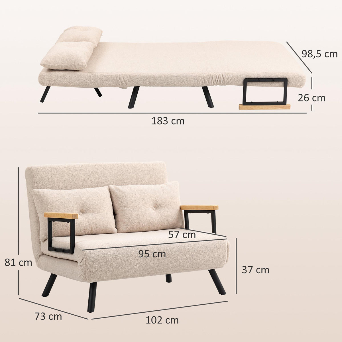 Convertible Velvet Sofa Bed with Cushions, Beige