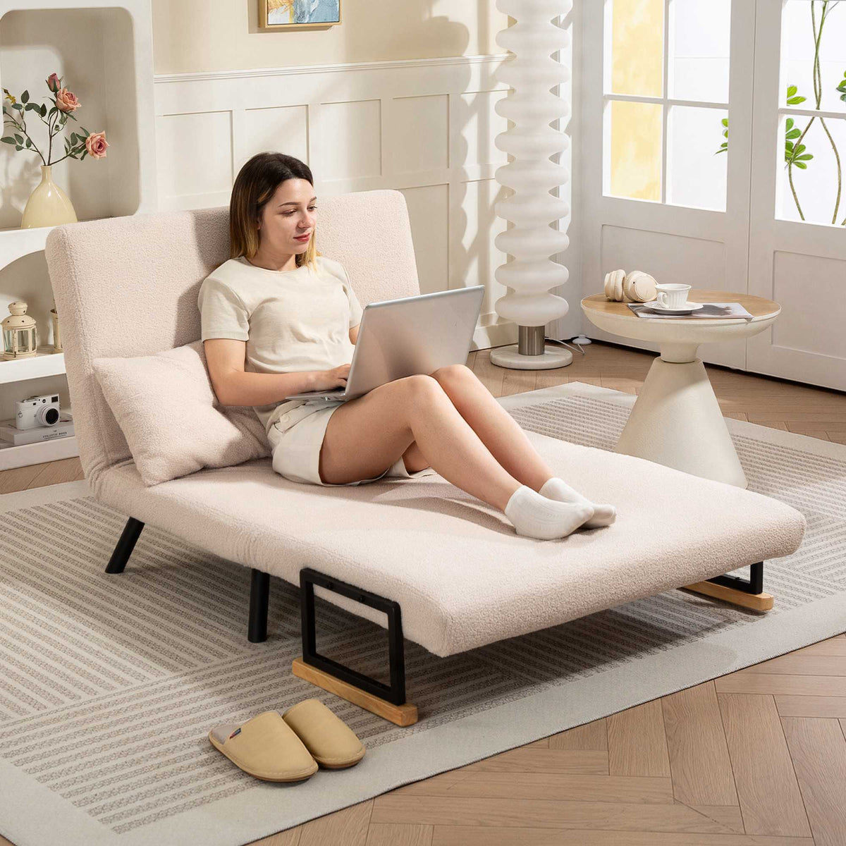 Convertible Velvet Sofa Bed with Cushions, Beige