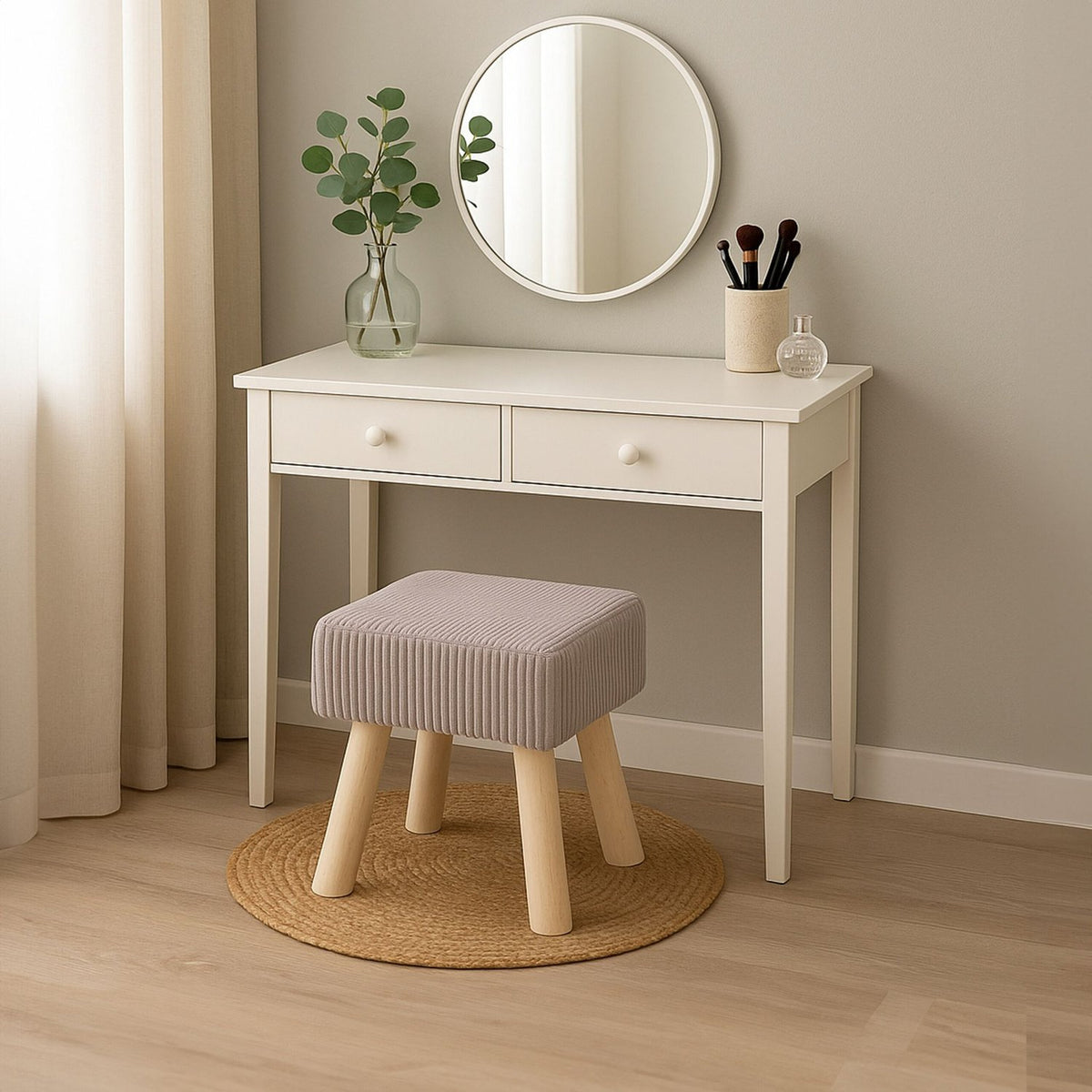 Cord Pouffe – Upholstered Footrest with Wooden Legs