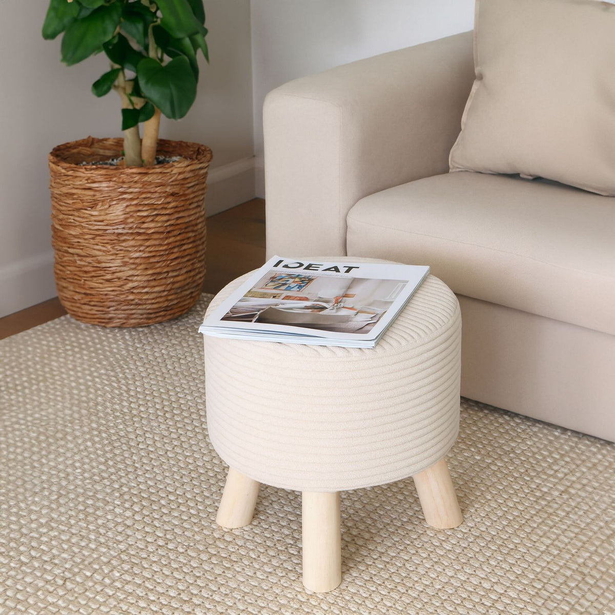 Cord Pouffe – Upholstered Seat with Wooden Legs