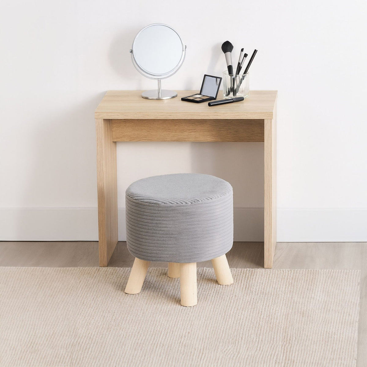 Cord Pouffe – Upholstered Seat with Wooden Legs