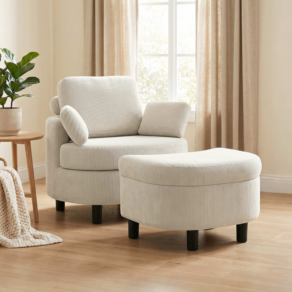 Cord Reading Armchair With Storage Ottoman, Cream White