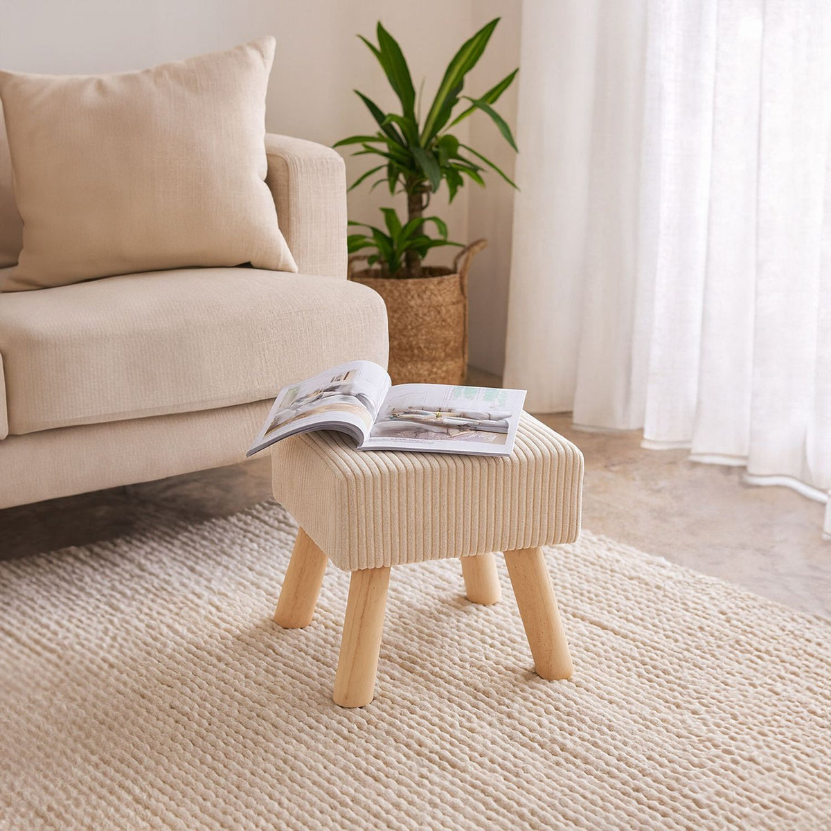 Cord Upholstered Pouffe – Soft Seat, Wooden Legs