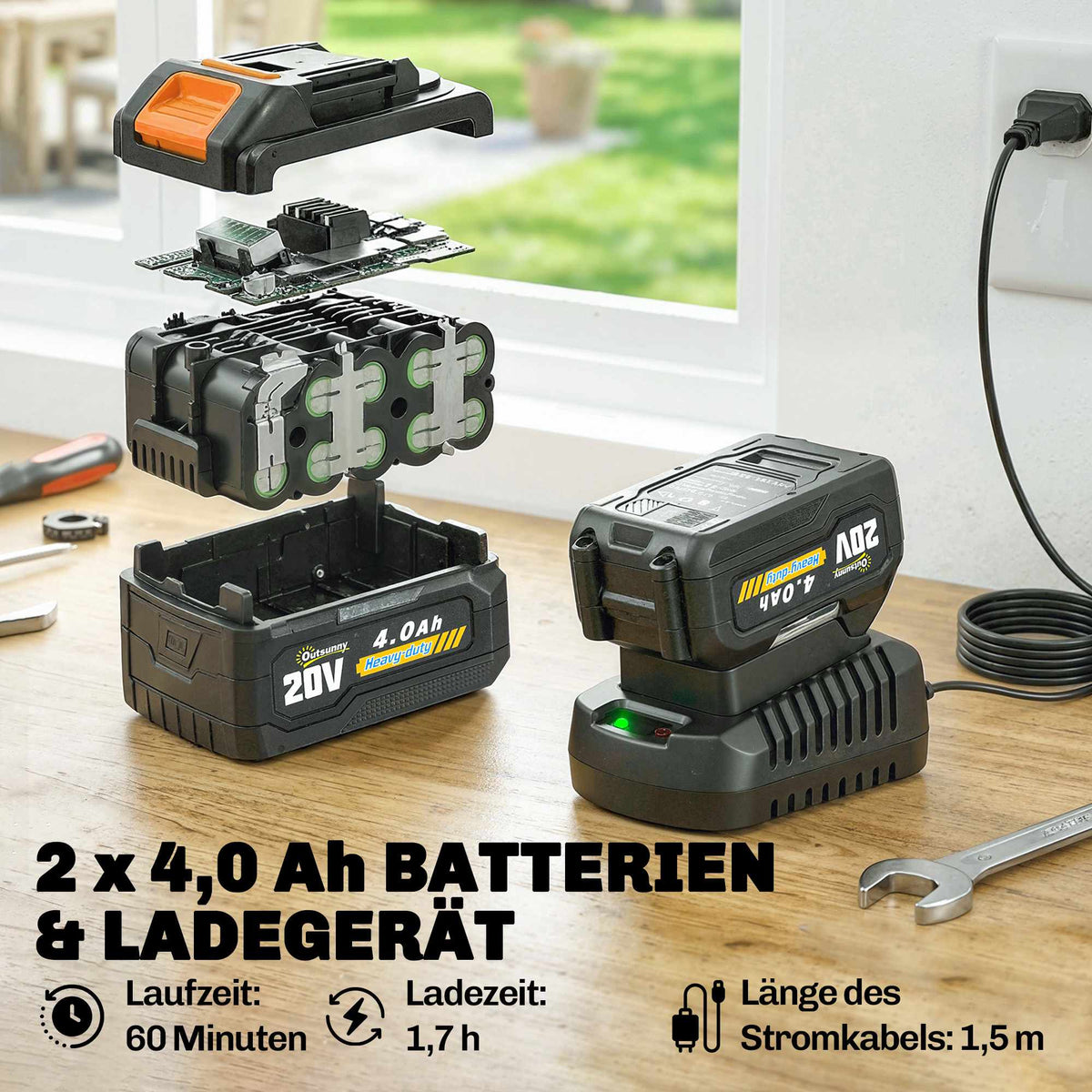 Cordless Grass Trimmer 21V, 25cm Cutting Width, 2x4.0Ah Batteries