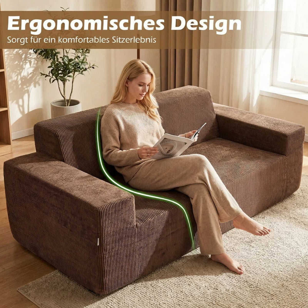 Corduroy 3-Seater Sofa with High Back and Wide Arms, Brown