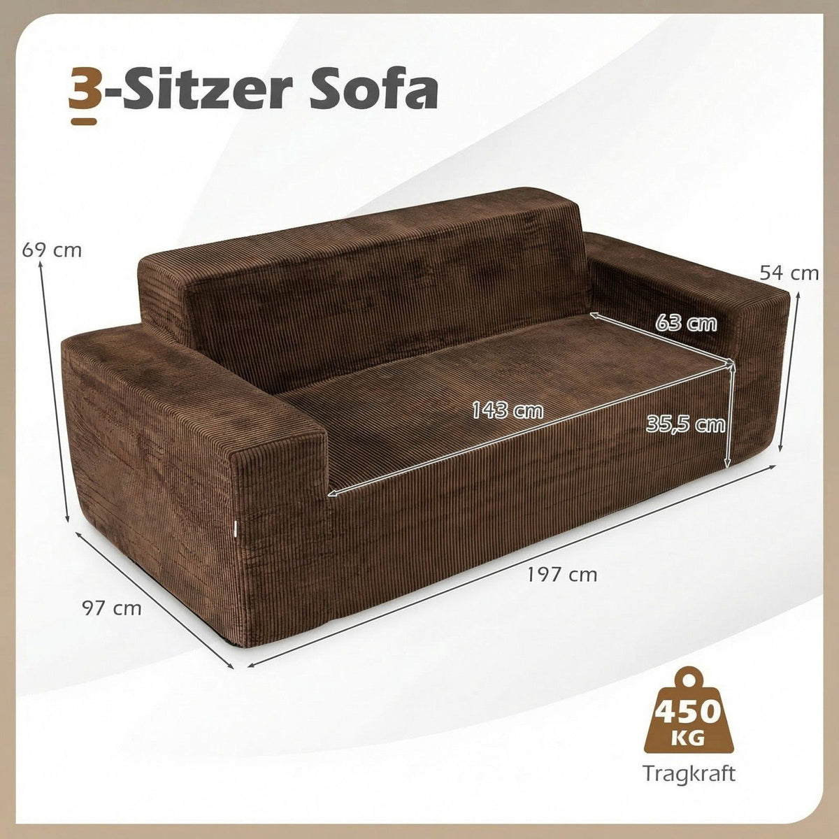 Corduroy 3-Seater Sofa with High Back and Wide Arms, Brown
