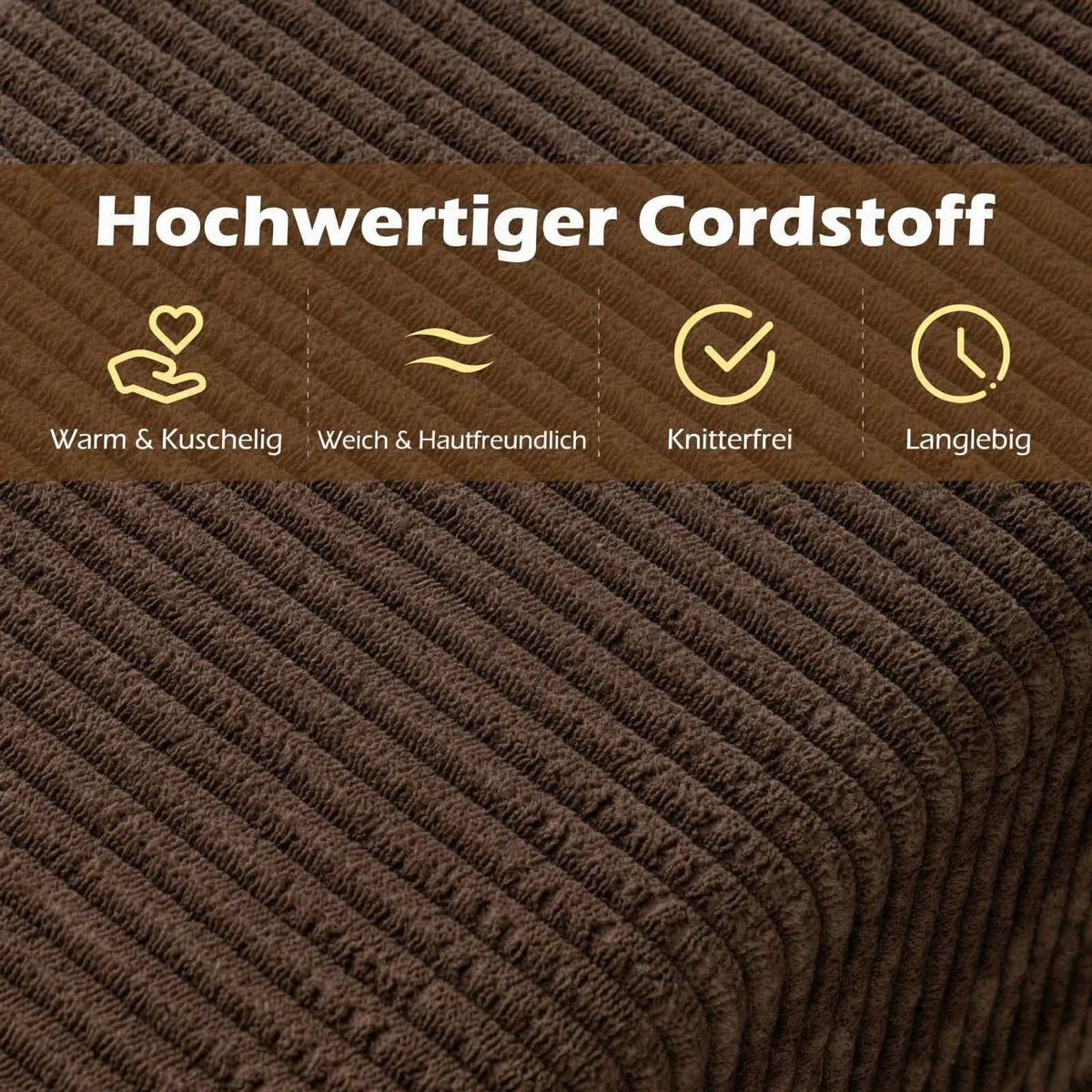 Corduroy 3-Seater Sofa with High Back and Wide Arms, Brown