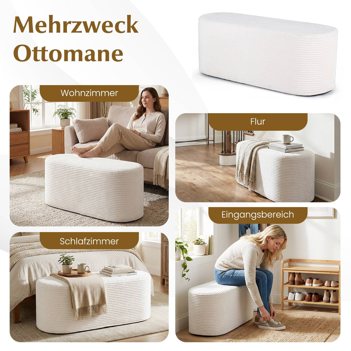 Corduroy Ottoman Bench, 120 cm, Beige, High-Density Foam