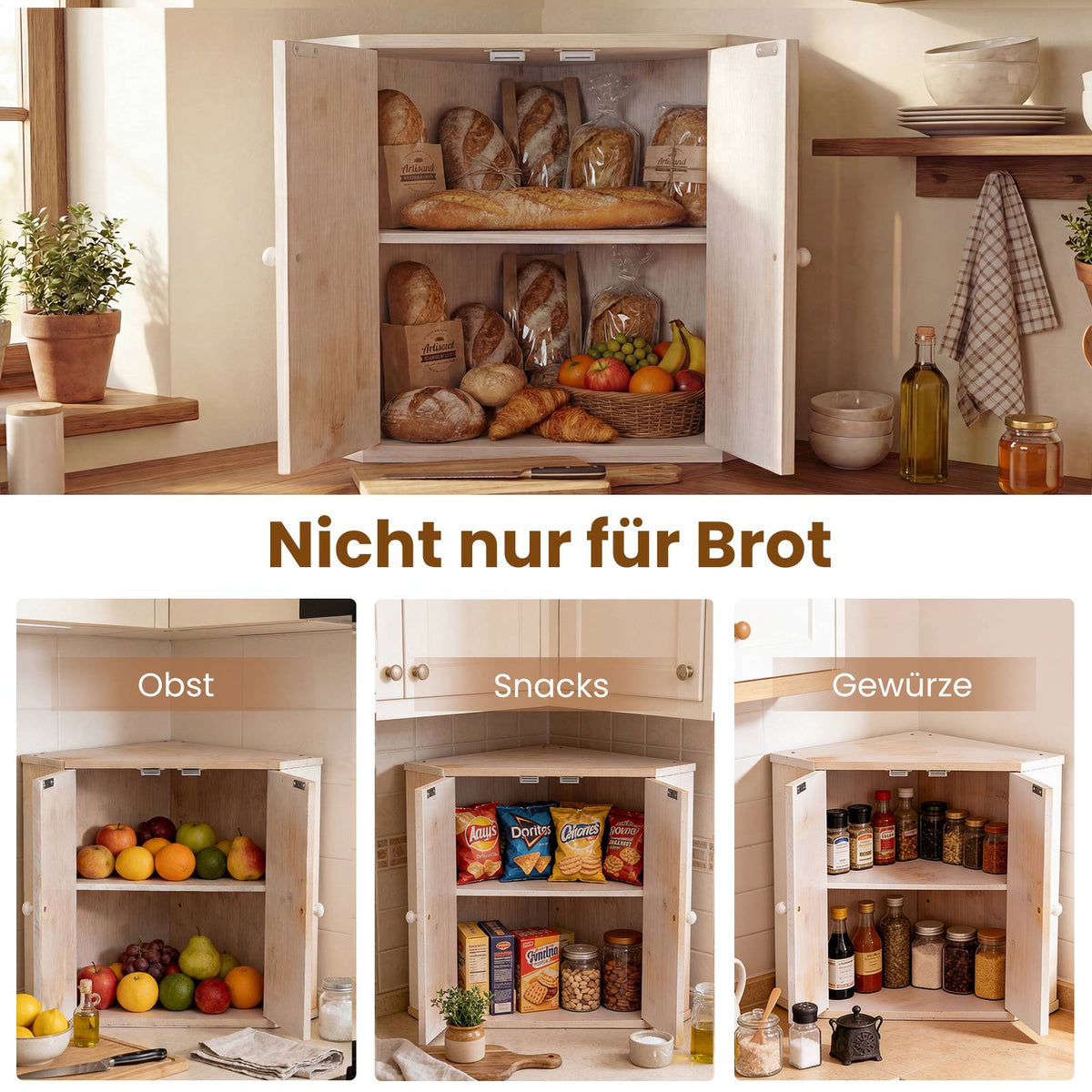 Corner Bamboo Bread Box with Adjustable Shelf & 2 Doors