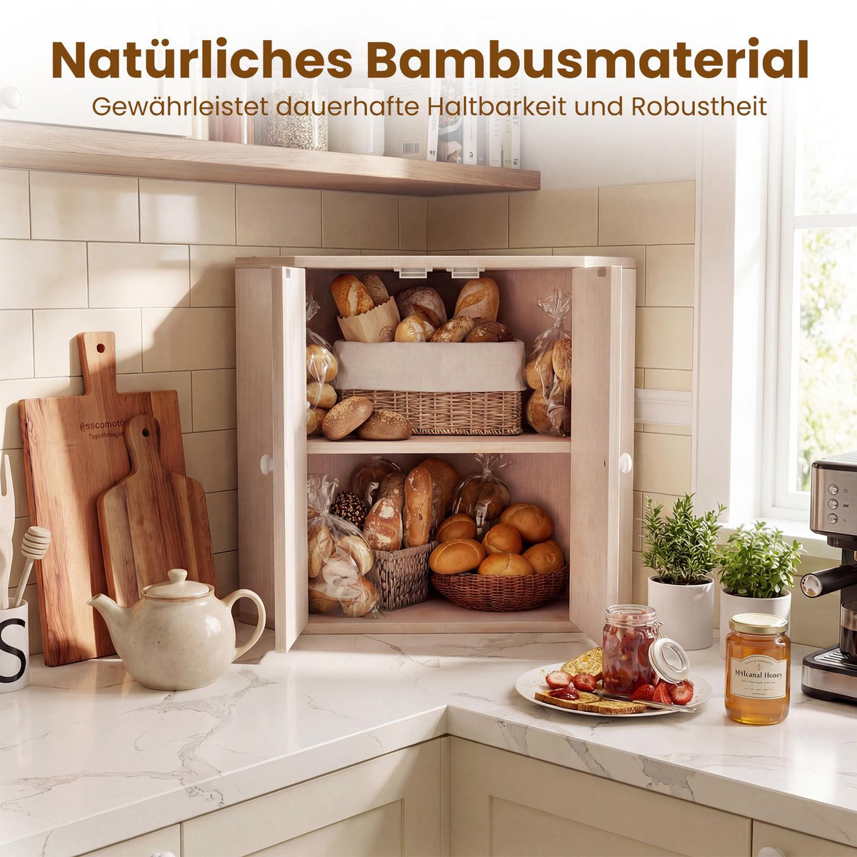 Corner Bamboo Bread Box with Adjustable Shelf & 2 Doors