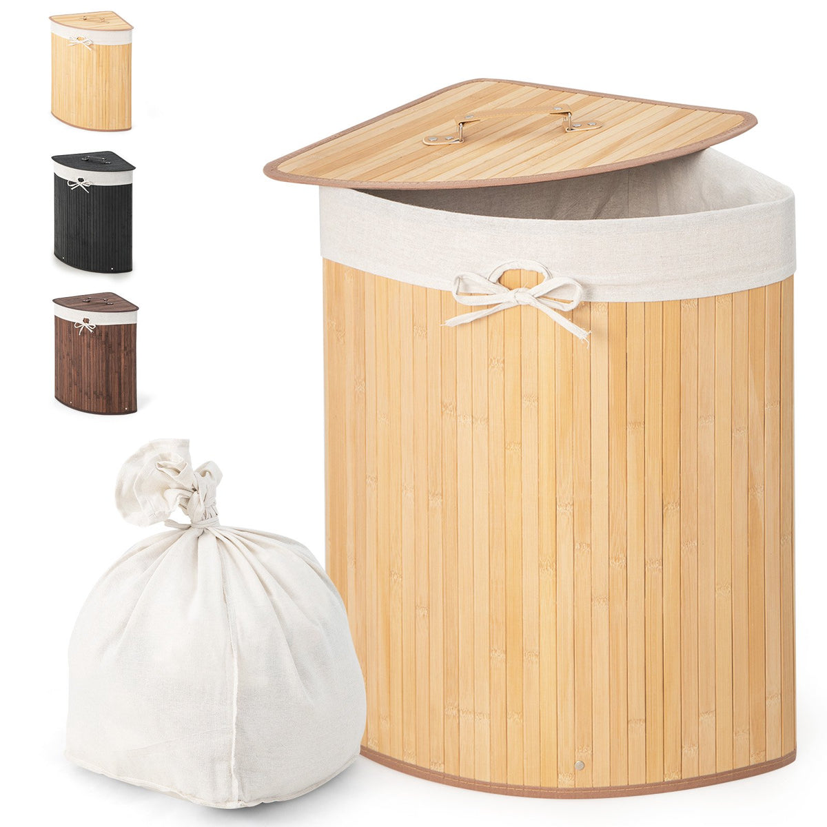 Corner Bamboo Laundry Hamper With Lid, Removable Liner, 15 Gal