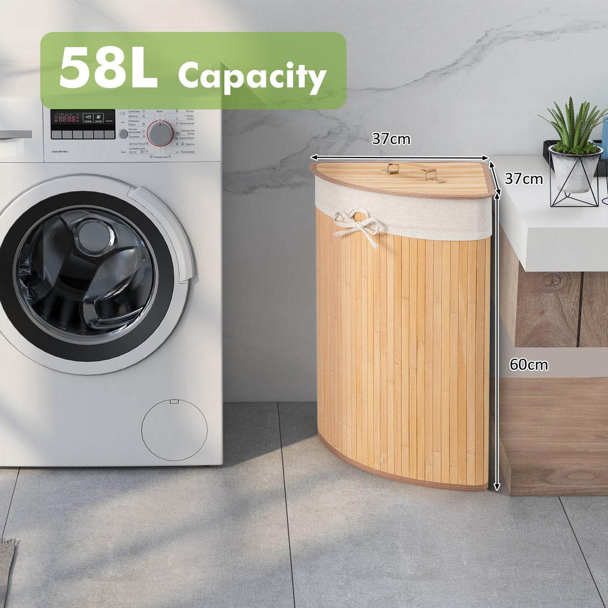 Corner Bamboo Laundry Hamper With Lid, Removable Liner, 15 Gal