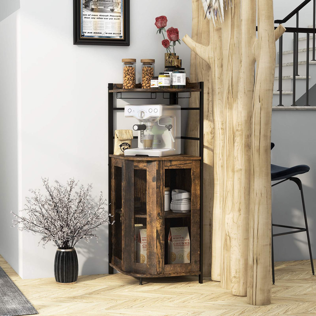 Corner Bar Cabinet With Glass Holder, Adjustable Shelf
