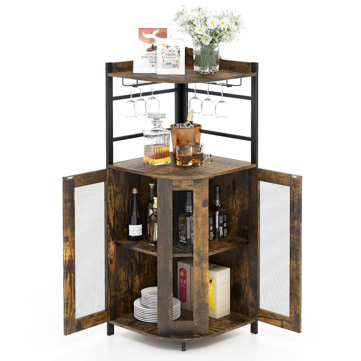 Corner Bar Cabinet With Glass Holder, Adjustable Shelf