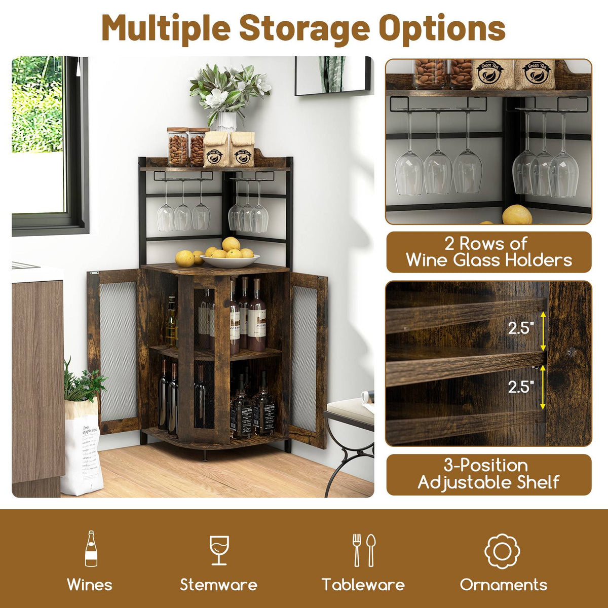 Corner Bar Cabinet With Glass Holder, Adjustable Shelf