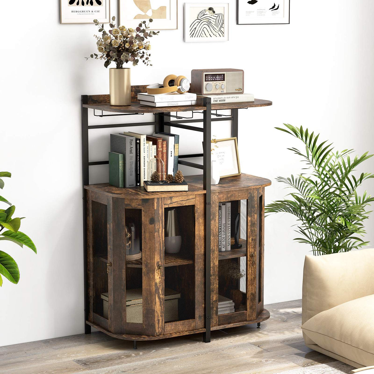 Corner Bar Cabinet With Glass Holder, Adjustable Shelf