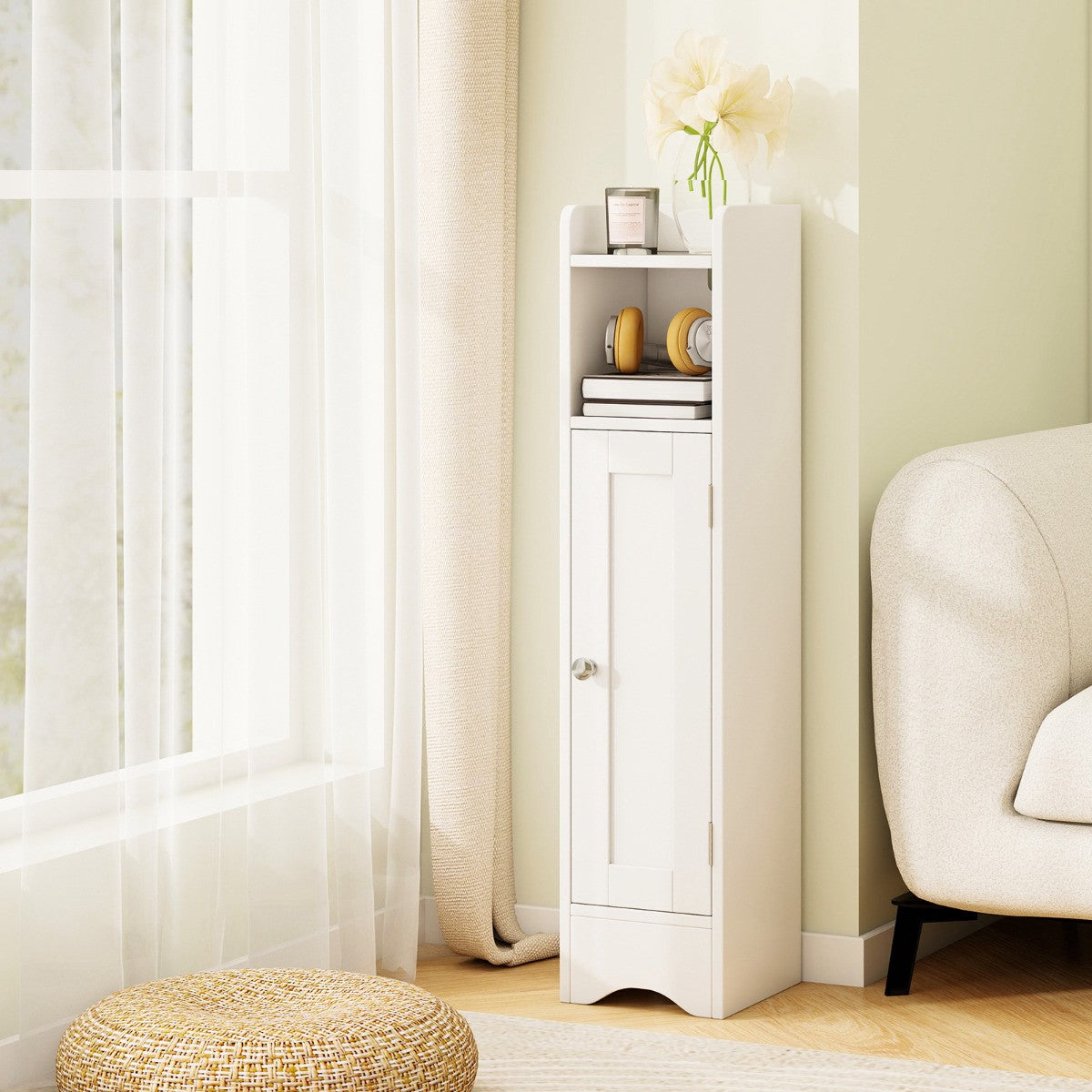 Corner Bathroom Floor Cabinet, 1 Door, Adjustable Shelves, White