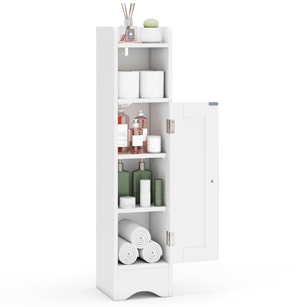 Corner Bathroom Floor Cabinet, 1 Door, Adjustable Shelves, White