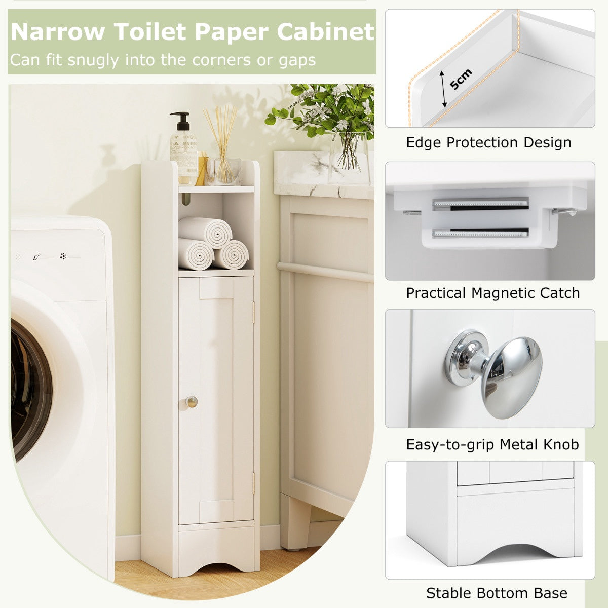 Corner Bathroom Floor Cabinet, 1 Door, Adjustable Shelves, White