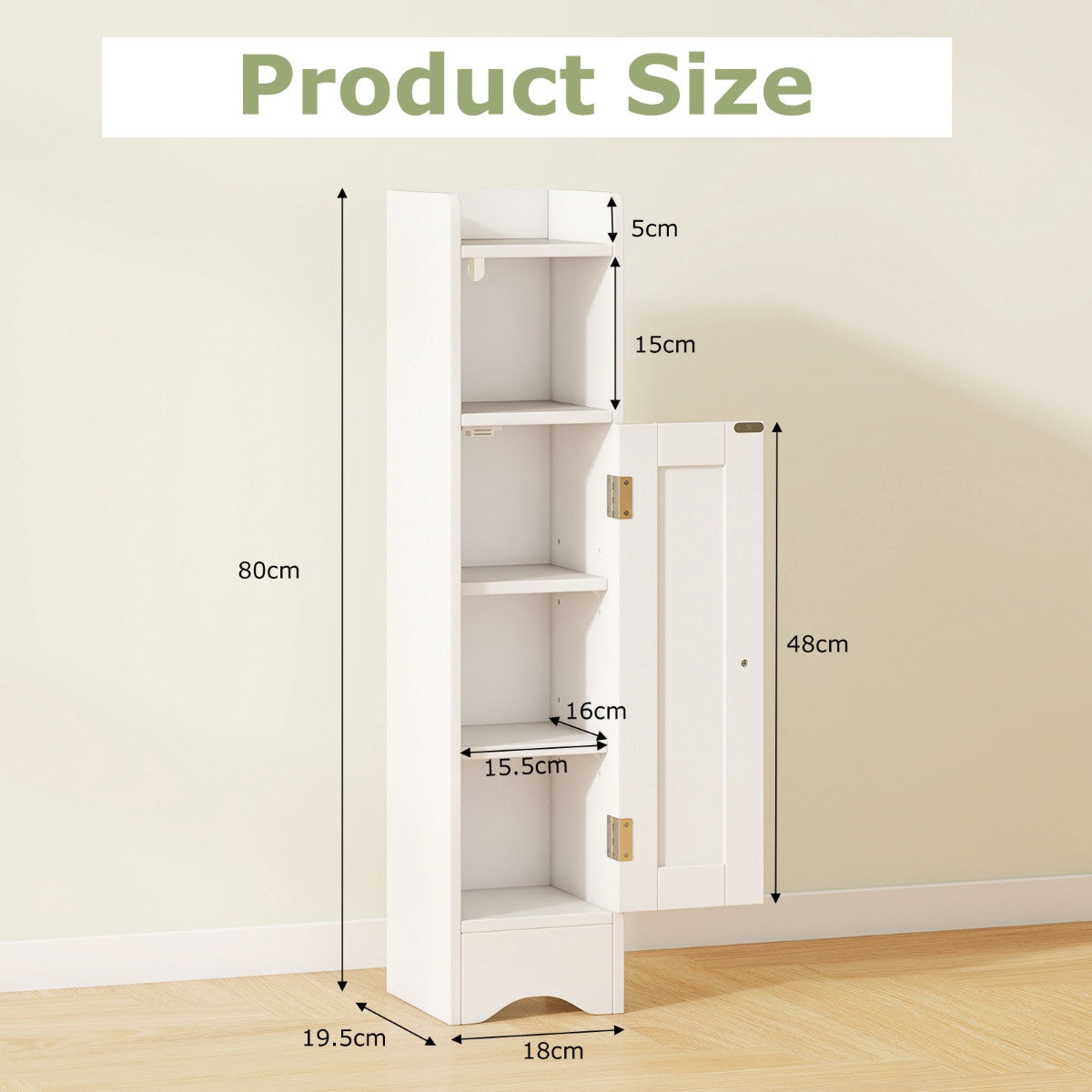Corner Bathroom Floor Cabinet, 1 Door, Adjustable Shelves, White