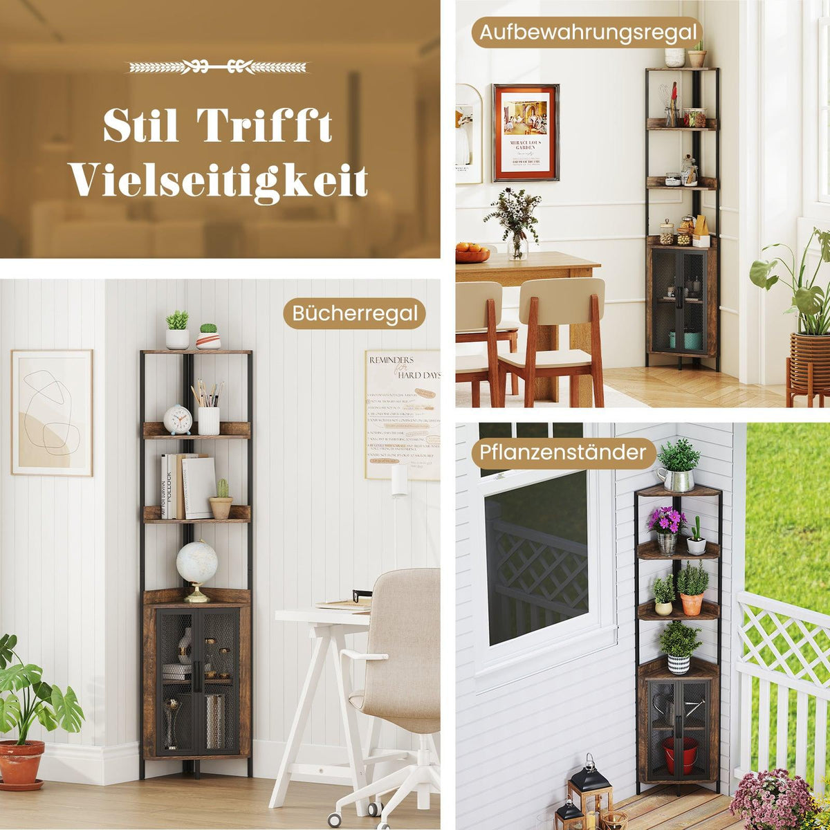 Corner Bookshelf with Cabinet & Metal Frame, 170 cm