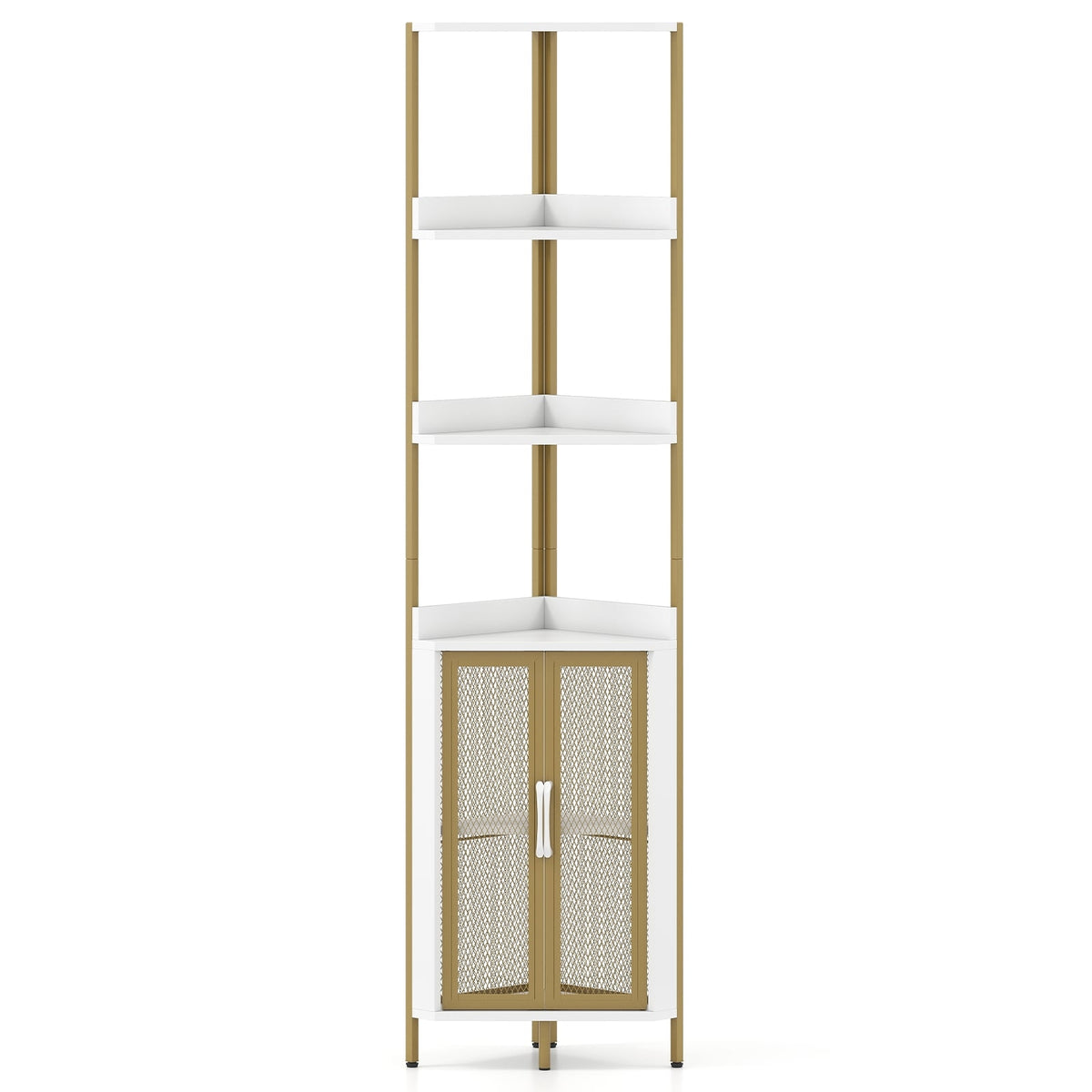 Corner Bookshelf with Cabinet & Metal Frame, 170 cm, White