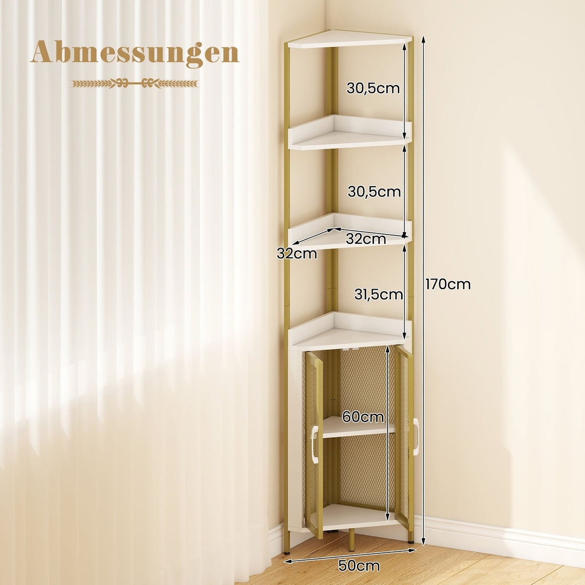 Corner Bookshelf with Cabinet & Metal Frame, 170 cm, White