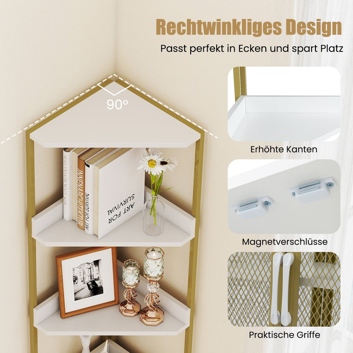 Corner Bookshelf with Cabinet & Metal Frame, 170 cm, White