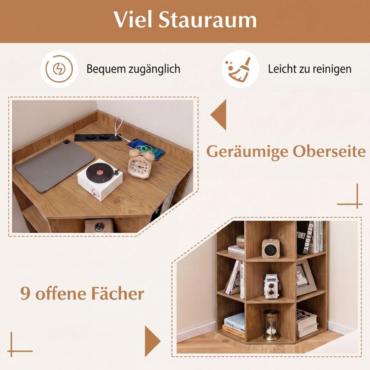 Corner Bookshelf with Charging Station, 9 Shelves, 2 USB, 4 Outlets