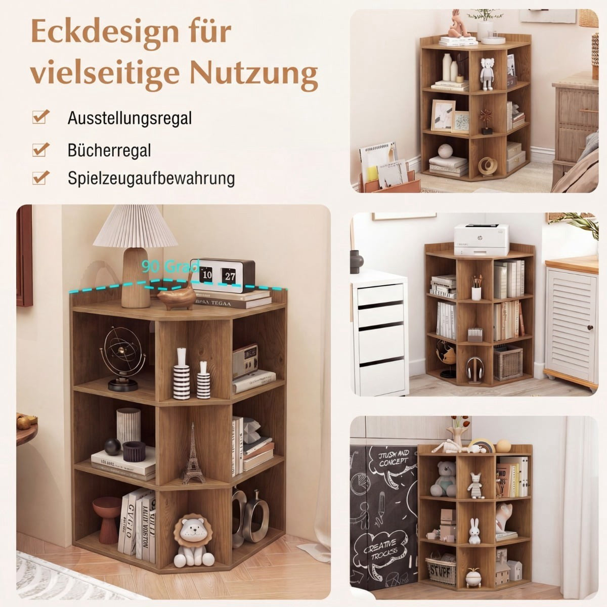 Corner Bookshelf with Charging Station, 9 Shelves, 2 USB, 4 Outlets