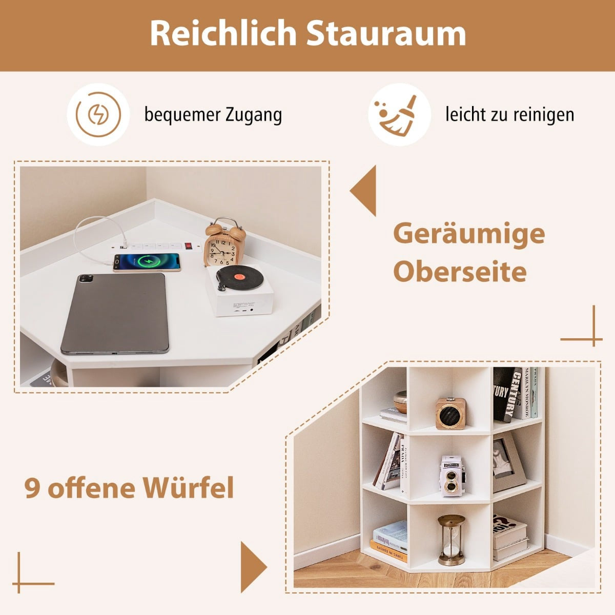 Corner Bookshelf with Charging Station, 9 Shelves, White