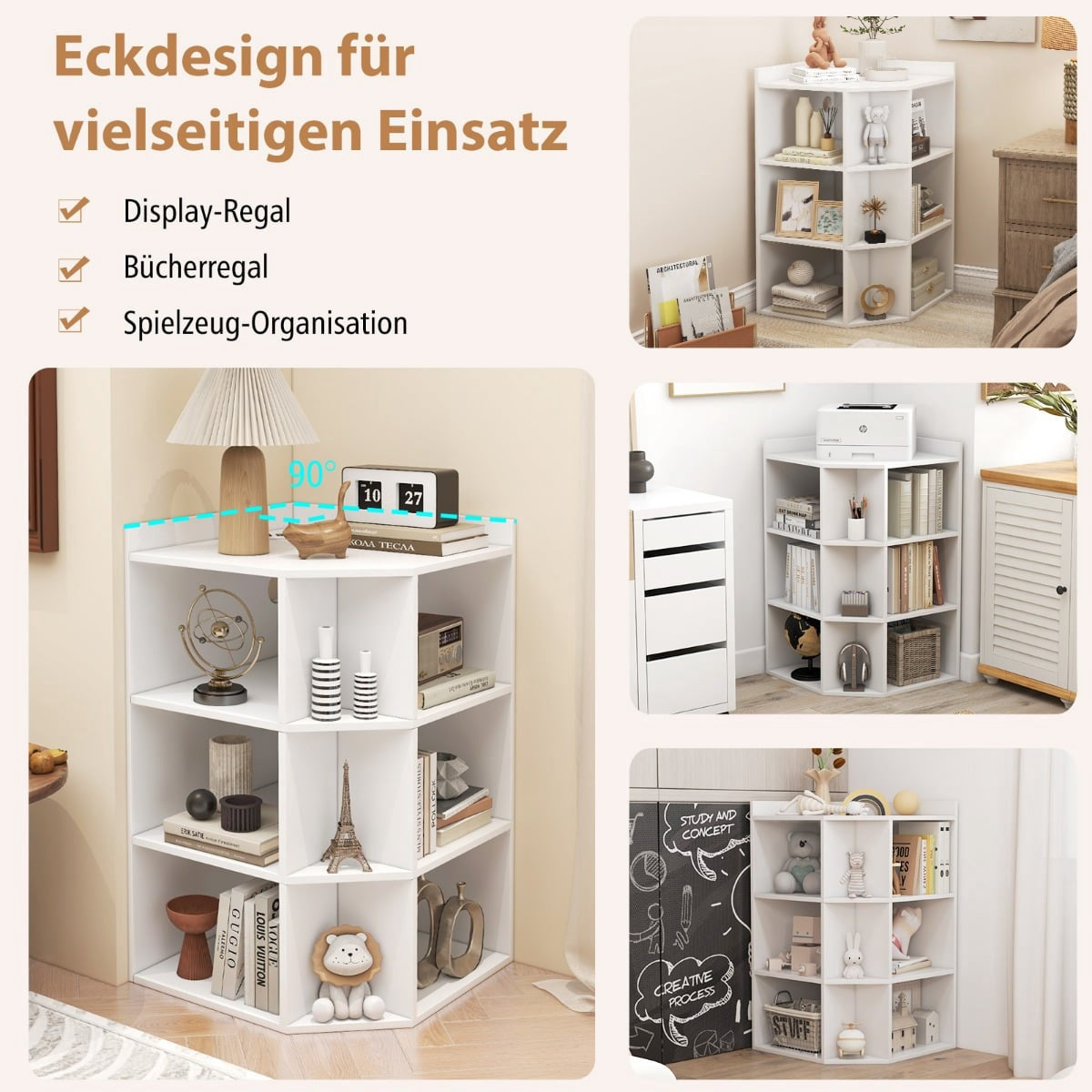 Corner Bookshelf with Charging Station, 9 Shelves, White