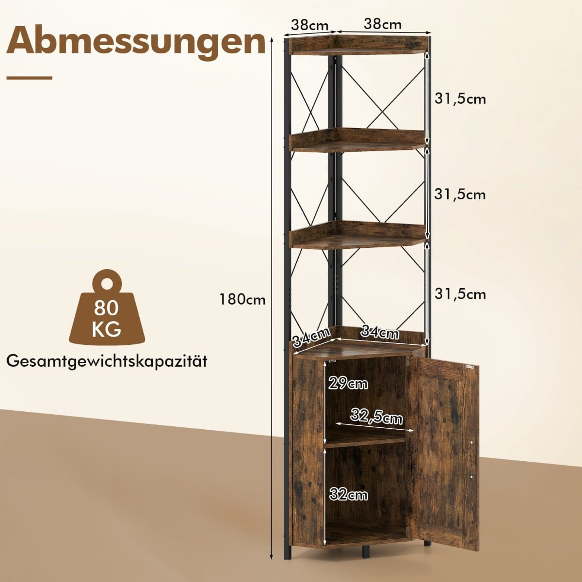Corner Bookshelf with Storage, 5-Tier, Rustic Brown, 180 cm