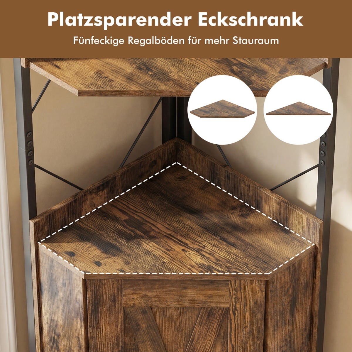 Corner Bookshelf with Storage, 5-Tier, Rustic Brown, 180 cm