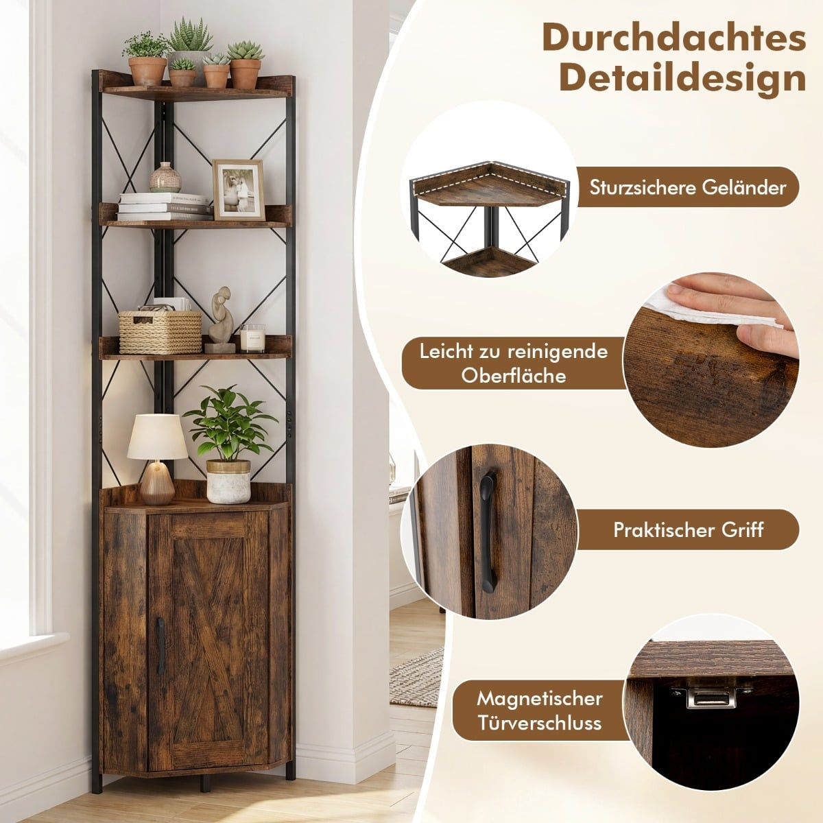 Corner Bookshelf with Storage, 5-Tier, Rustic Brown, 180 cm