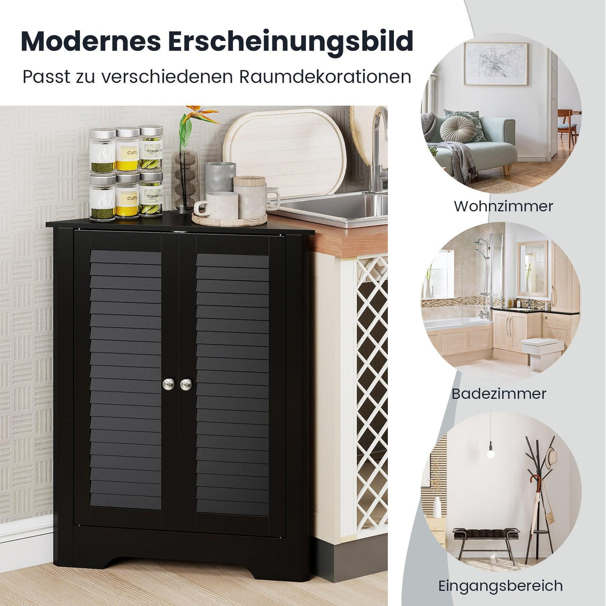 Corner Cabinet with Louvered Doors, Adjustable Shelf, Black