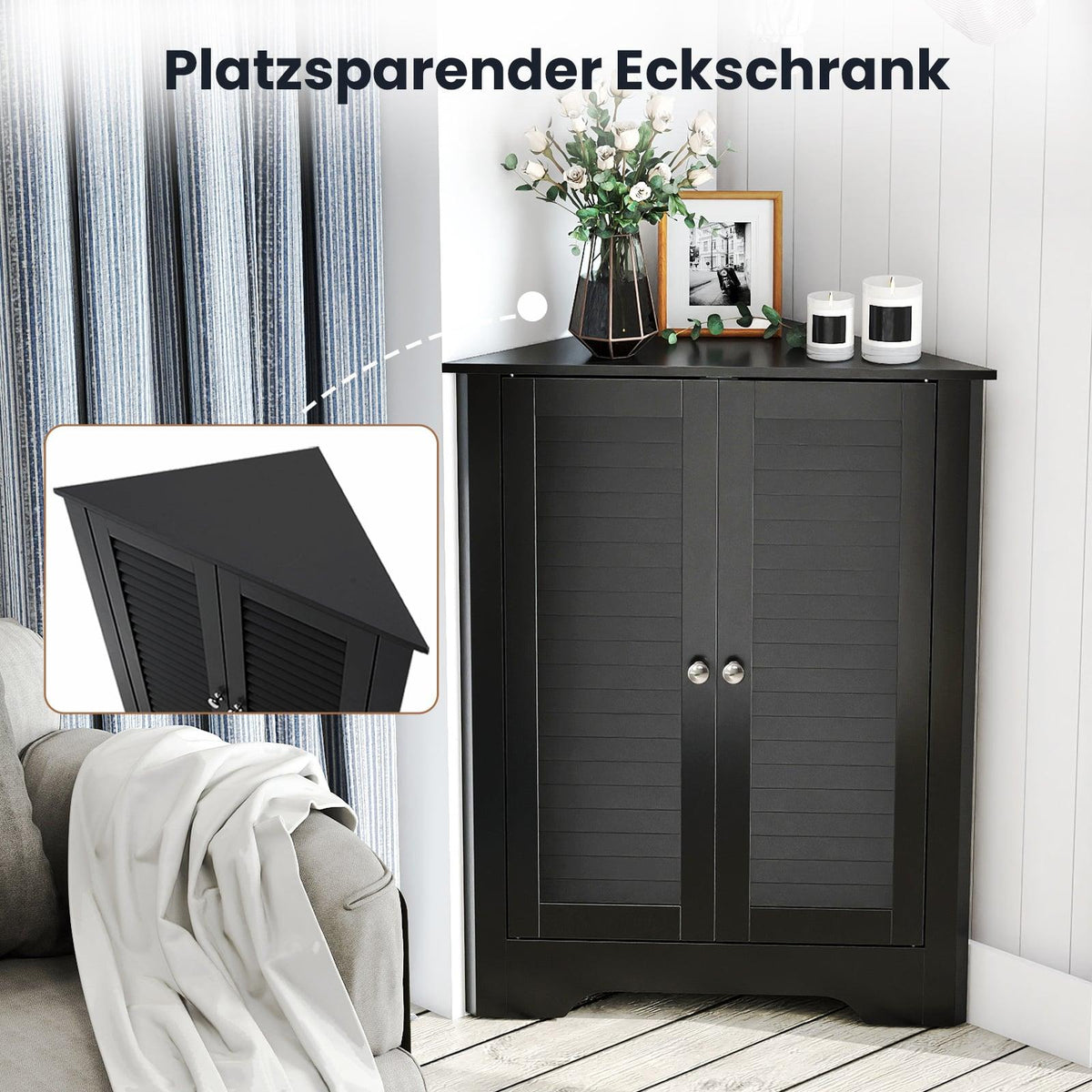 Corner Cabinet with Louvered Doors, Adjustable Shelf, Black