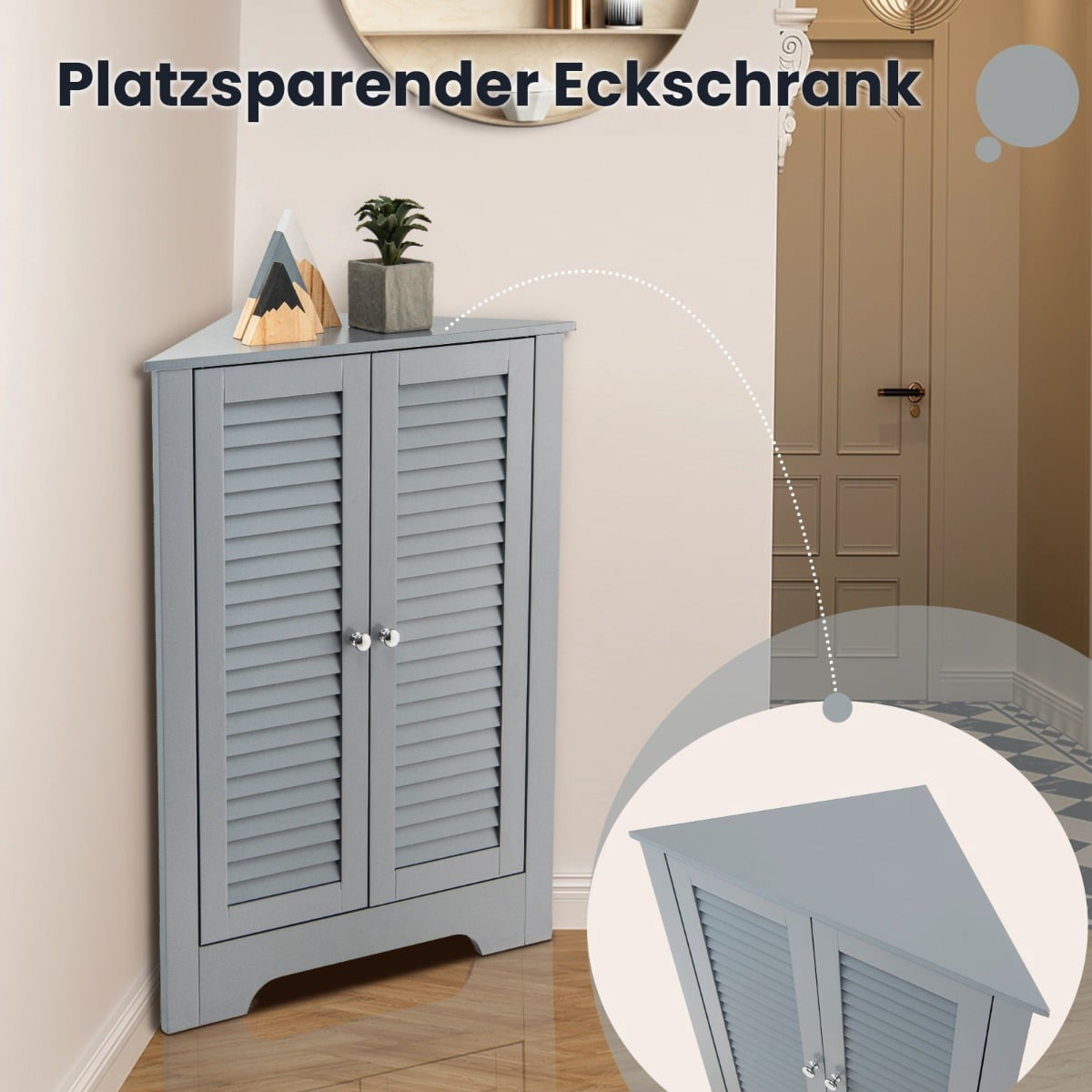 Corner Cabinet with Louvered Doors & Adjustable Shelf, Grey