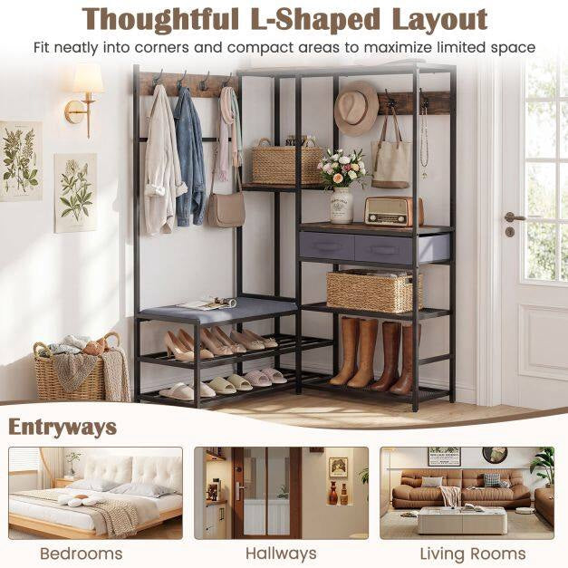 Corner Coat Rack with Bench, Shoe Storage, 5 Shelves, Black