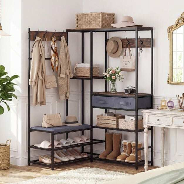 Corner Coat Rack with Bench, Shoe Storage, 5 Shelves, Black