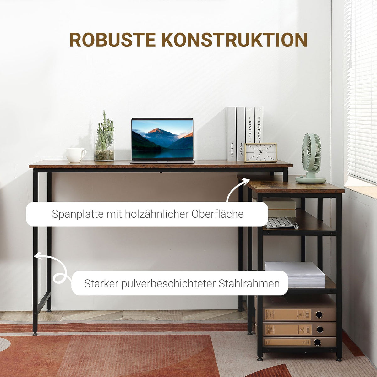 Corner Desk, L-Shape Pc Table With Shelf And Drawer, Office Table, Chipboard Metal, Rustic Brown, 135X90X79Cm