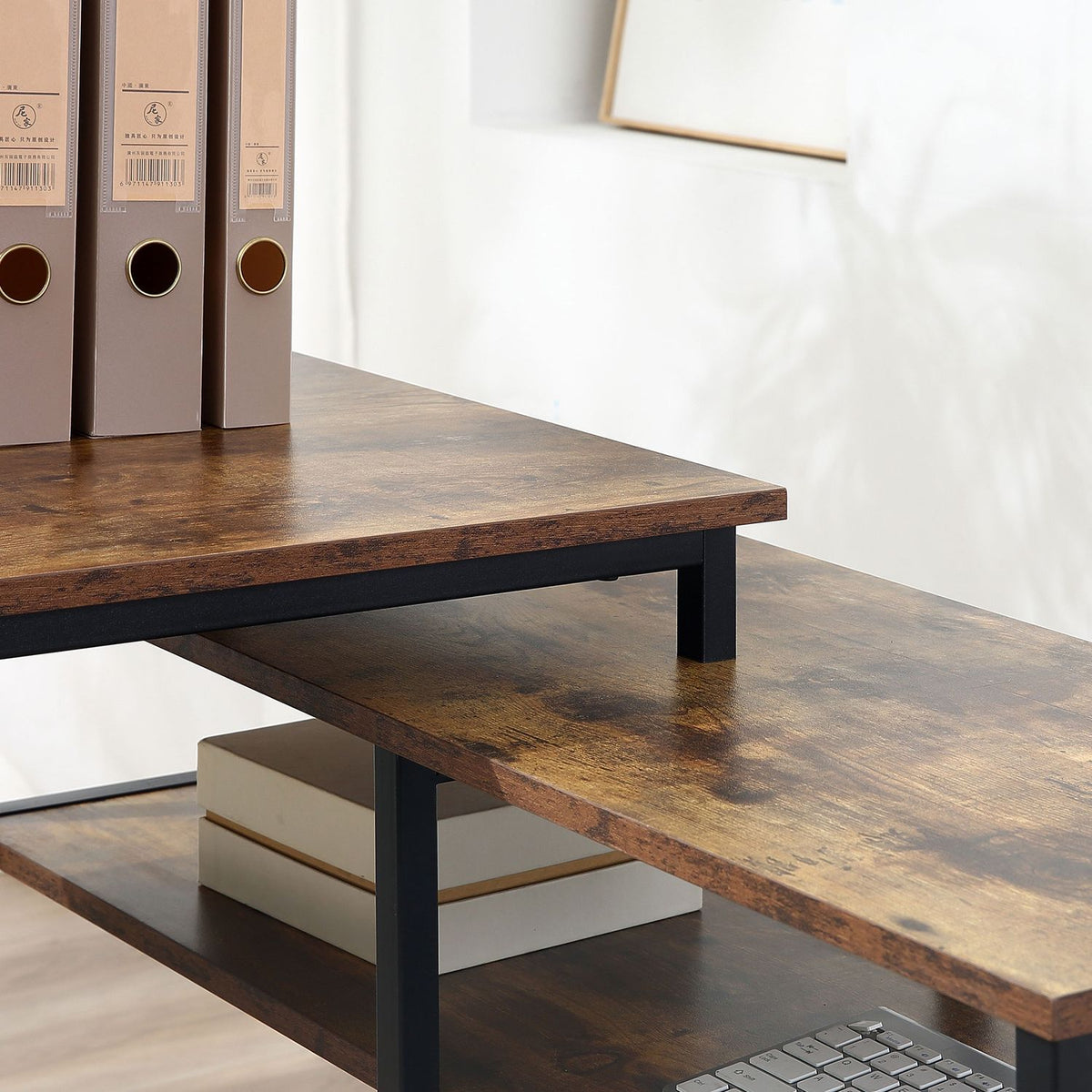 Corner Desk, L-Shape Pc Table With Shelf And Drawer, Office Table, Chipboard Metal, Rustic Brown, 135X90X79Cm