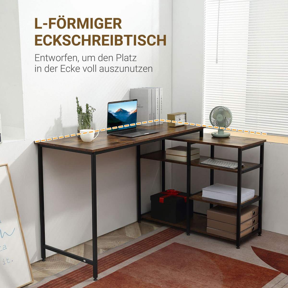 Corner Desk, L-Shape Pc Table With Shelf And Drawer, Office Table, Chipboard Metal, Rustic Brown, 135X90X79Cm