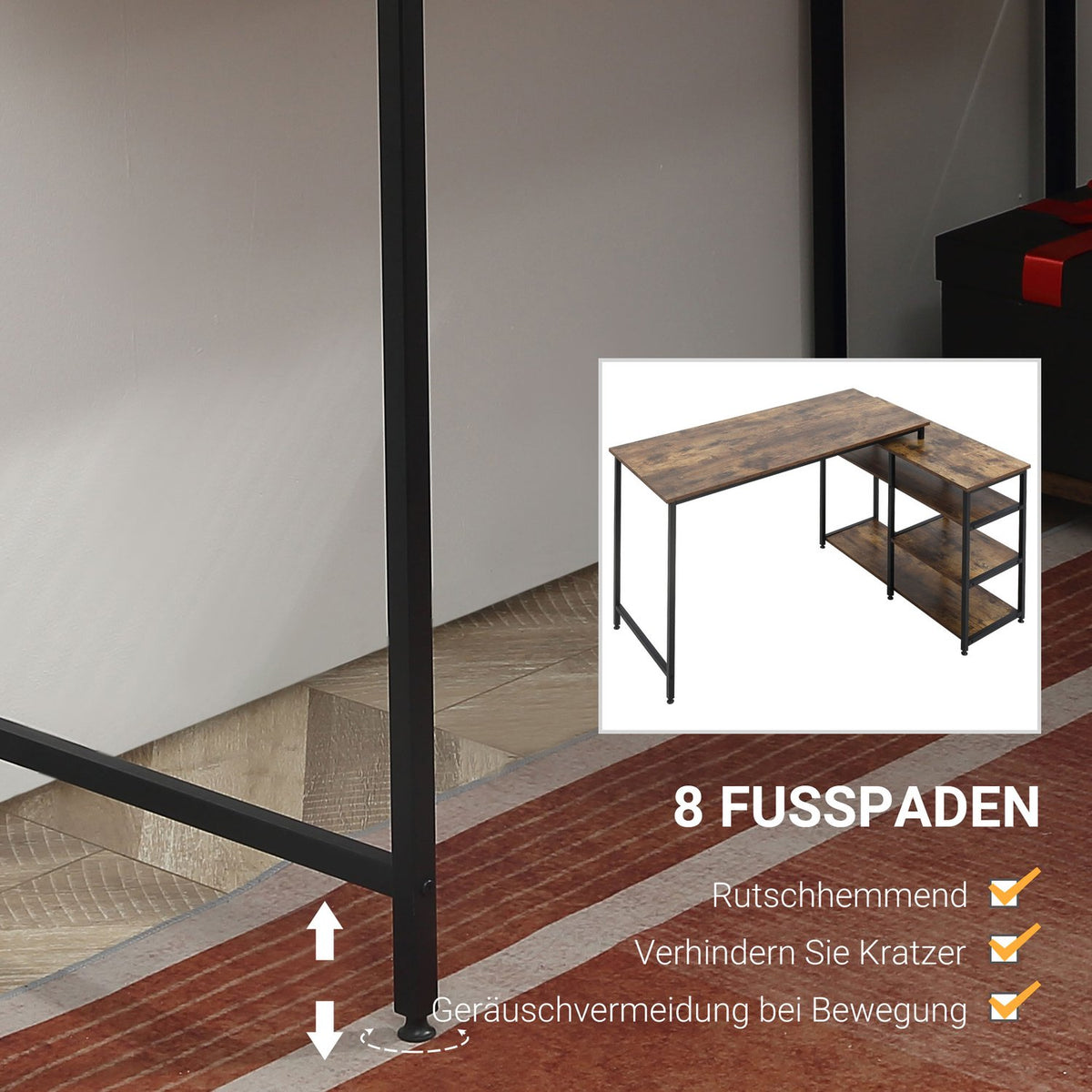 Corner Desk, L-Shape Pc Table With Shelf And Drawer, Office Table, Chipboard Metal, Rustic Brown, 135X90X79Cm