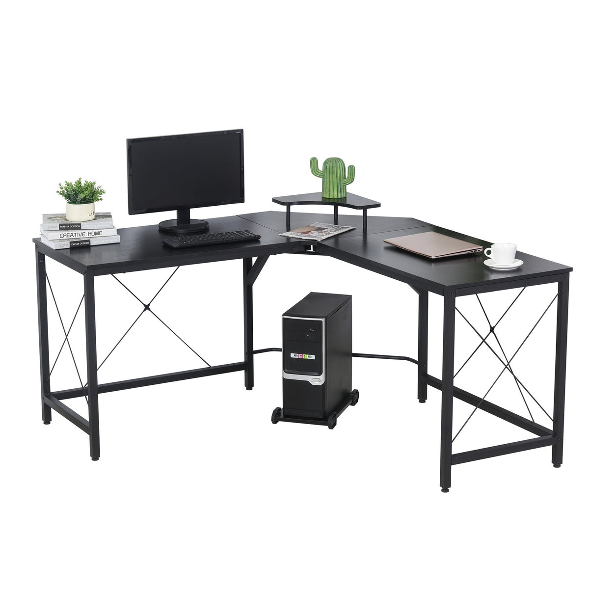 Corner Desk L-Shaped Computer Desk With Monitor Stand, Industrial Design, Steel, Black, 150X150X76Cm