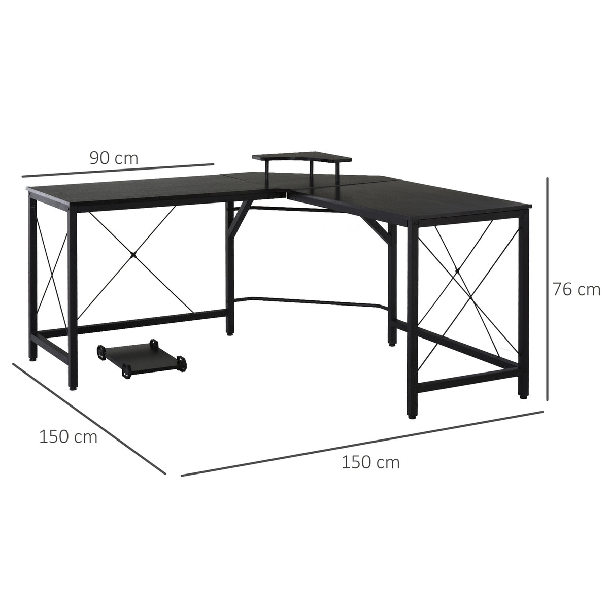 Corner Desk L-Shaped Computer Desk With Monitor Stand, Industrial Design, Steel, Black, 150X150X76Cm