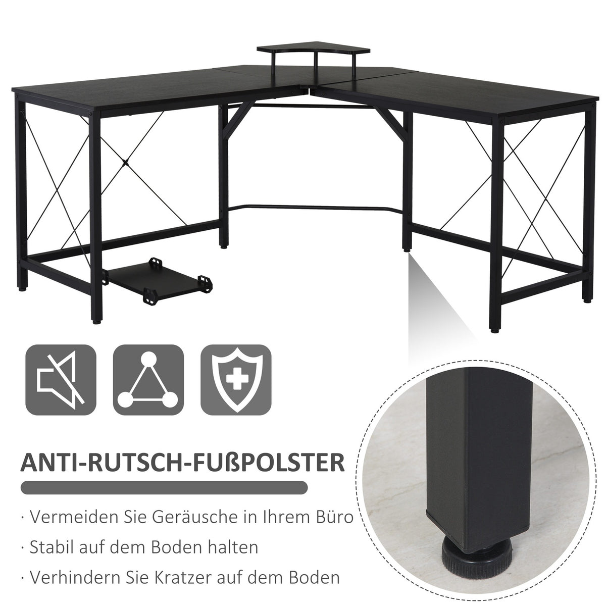 Corner Desk L-Shaped Computer Desk With Monitor Stand, Industrial Design, Steel, Black, 150X150X76Cm