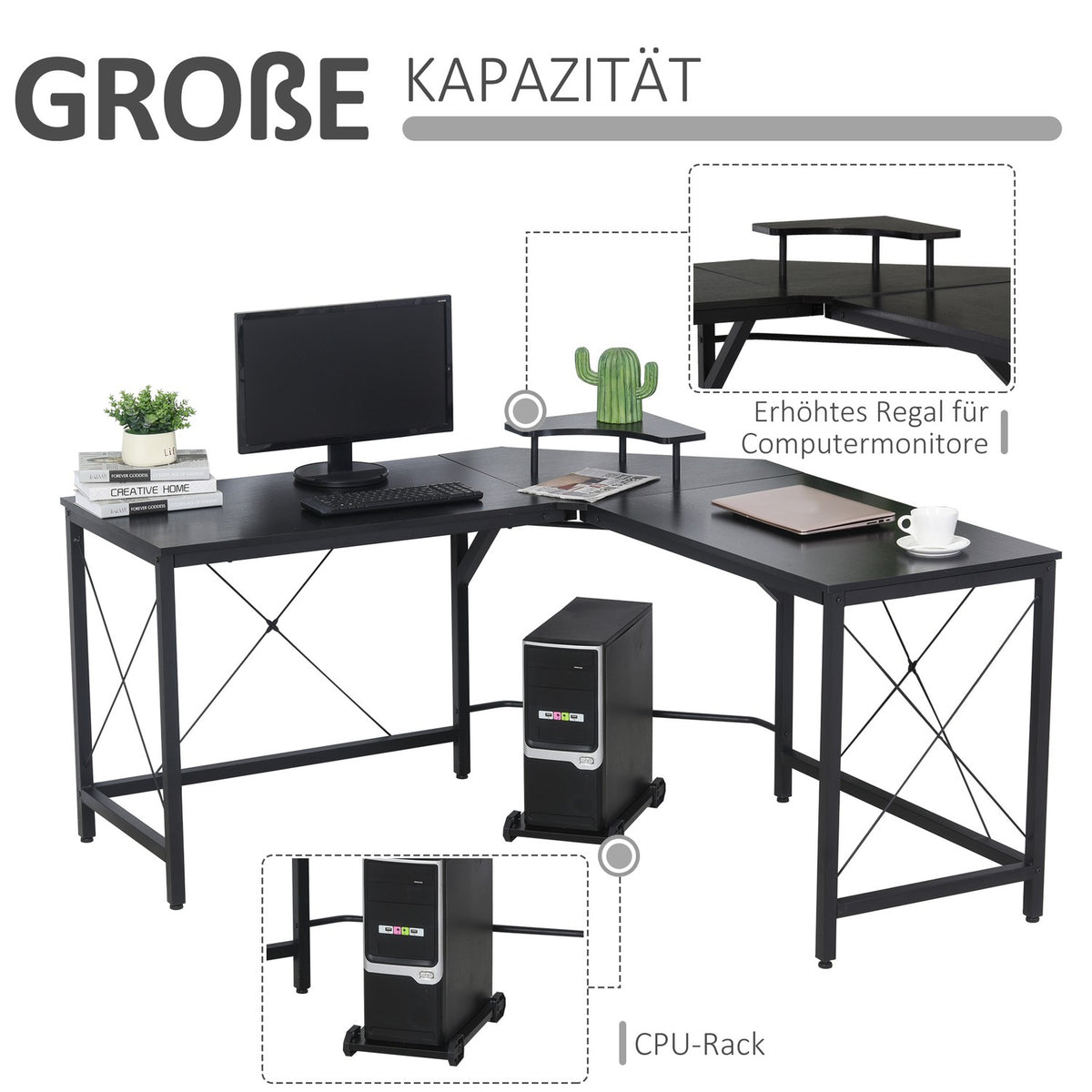 Corner Desk L-Shaped Computer Desk With Monitor Stand, Industrial Design, Steel, Black, 150X150X76Cm