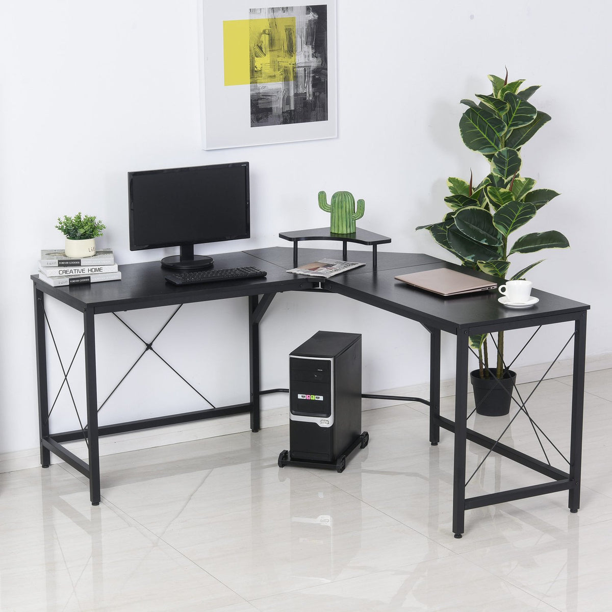 Corner Desk L-Shaped Computer Desk With Monitor Stand, Industrial Design, Steel, Black, 150X150X76Cm