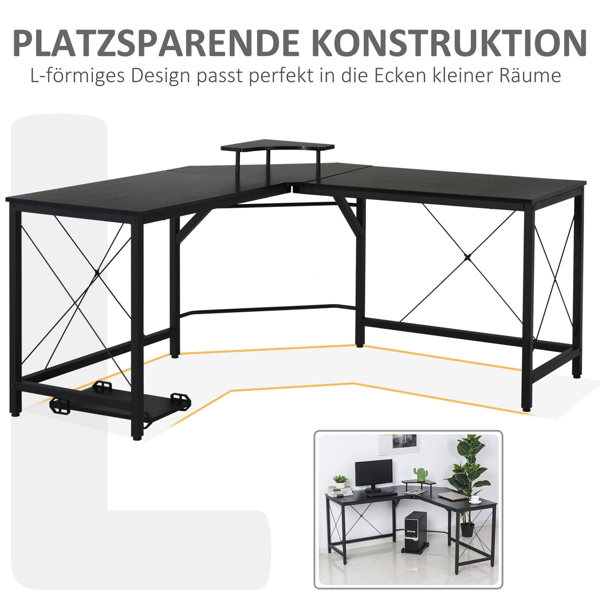 Corner Desk L-Shaped Computer Desk With Monitor Stand, Industrial Design, Steel, Black, 150X150X76Cm